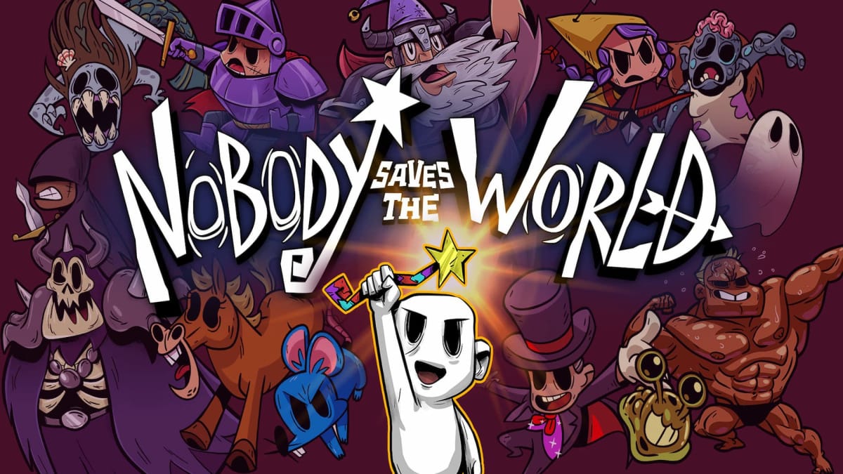 Nobody Saves The World Frozen Hearth Announced, and in this image, we see Nobody standing proud with his want among friends and enemies with the title of the game behind him in bright white letters. 