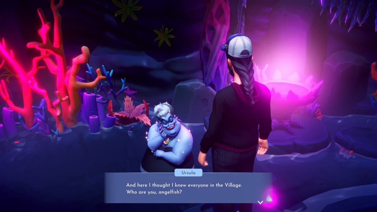 Screenshot of Ursula in Disney Dreamlight Valley, where she has been trapped in a cave and is talking to the player to strike up a deal to break her out 