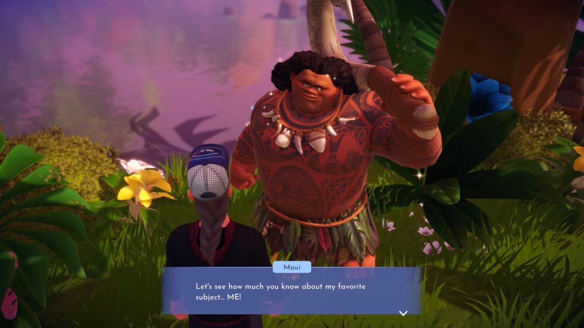 Screenshot of Maui in Disney Dreamlight Valley, where he quizzes you on his most favorite topic, himself, Disney Dreamlight Valley Maui Guide