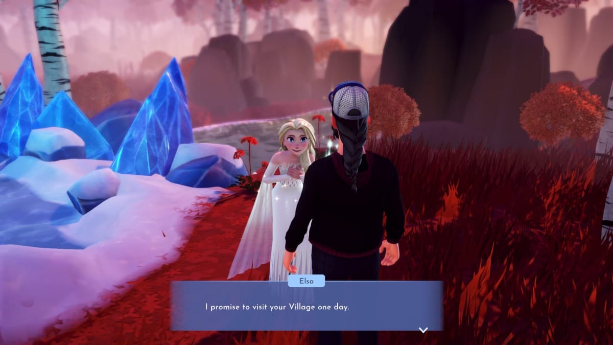 Elsa from the Frozen Realm telling the player she will be sure to visit his village very soon. Disney Dreamlight Valley Elsa Guide