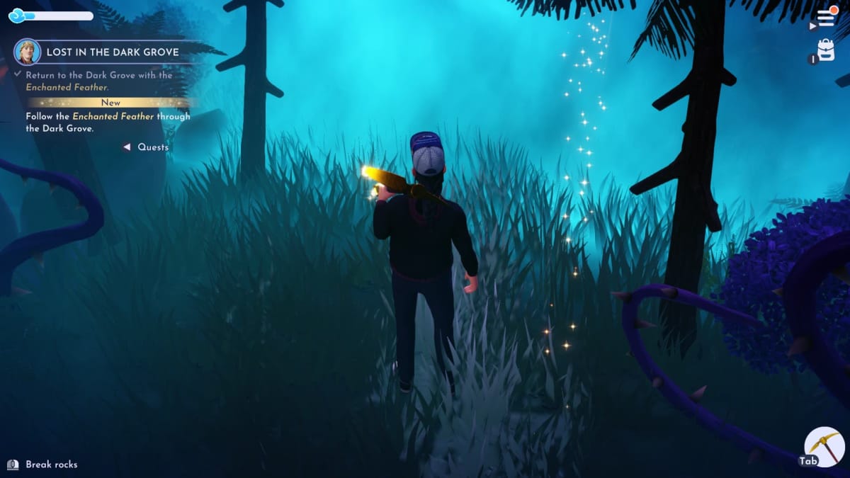 Player standing in the dark grove, being led to donald duck's location via a magic imbued feather,  Disney Dreamlight Valley Donald Duck Guide