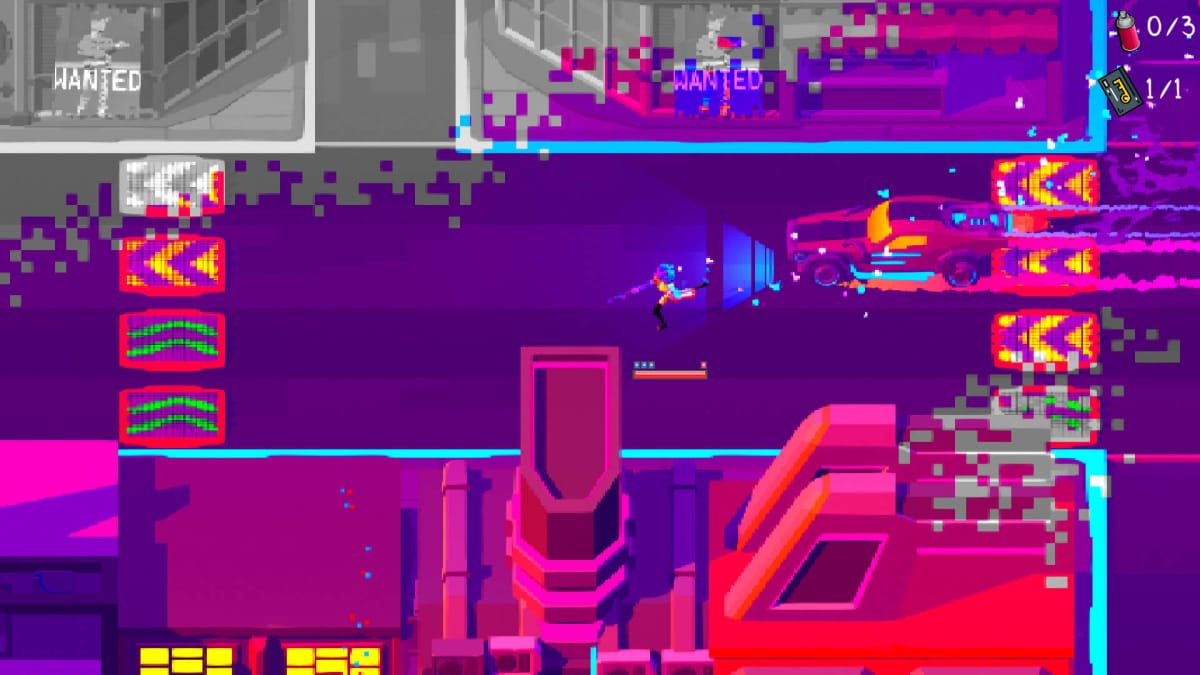 The main character running away from a car in a neon-drenched, colorful screenshot of Arto gameplay