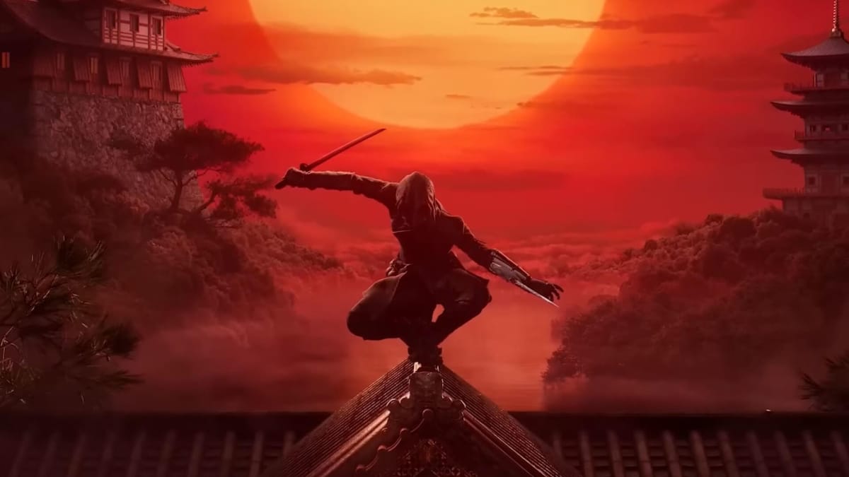 The protagonist of the upcoming Assassin's Creed Japan game perched on a rooftop