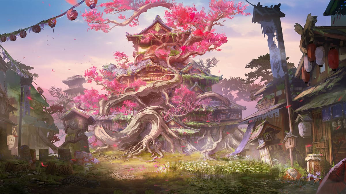 Monster Hunter Rival concept art showing off a wooden house that has roots in the ground.