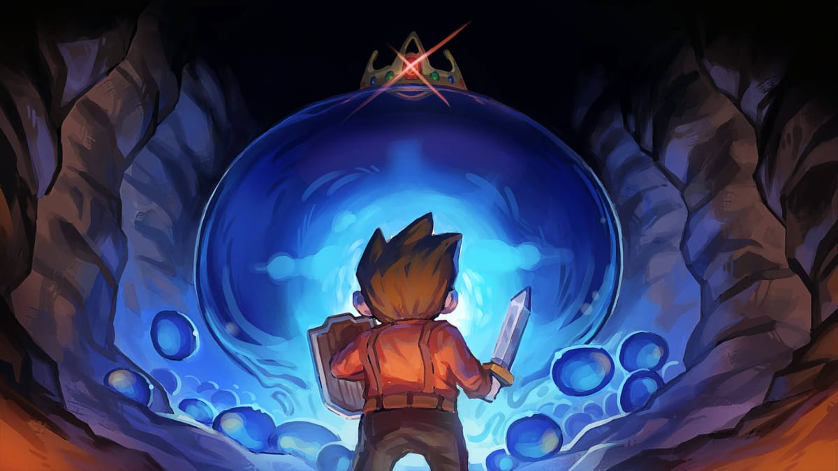 A character in Core Keeper facing down a King Slime in key art for the Core Keeper Terraria crossover