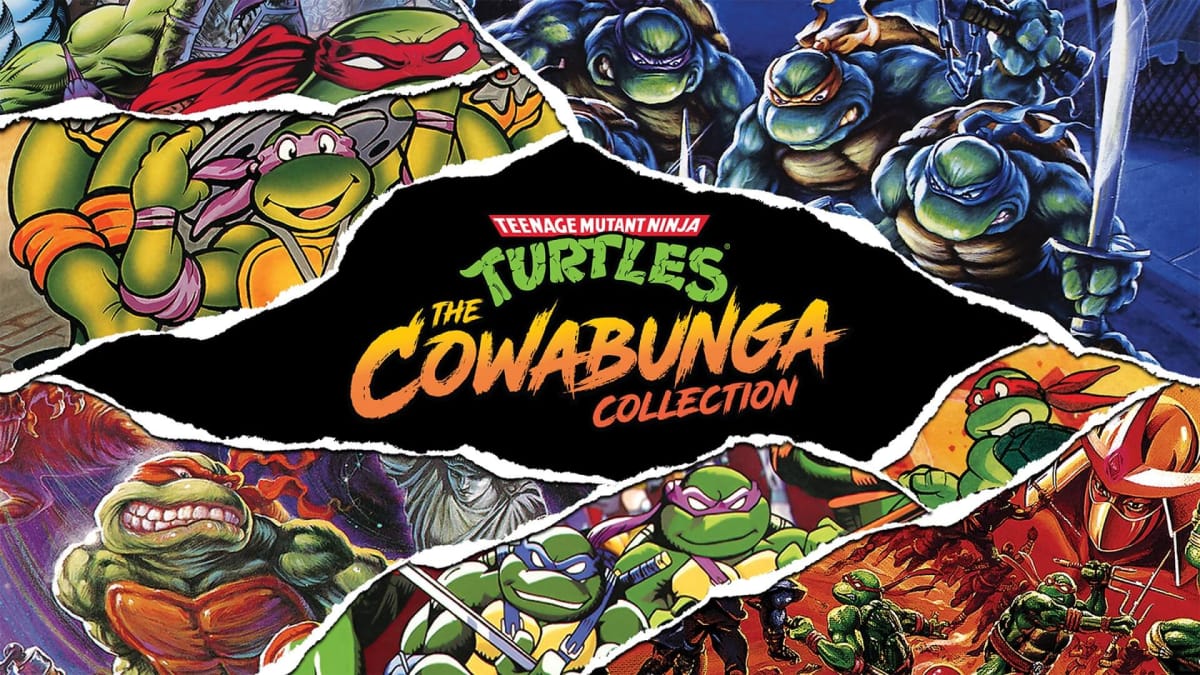 Various images of the Teenage Mutant Ninja Turtles surround the logo for The Cowabunga Collection.