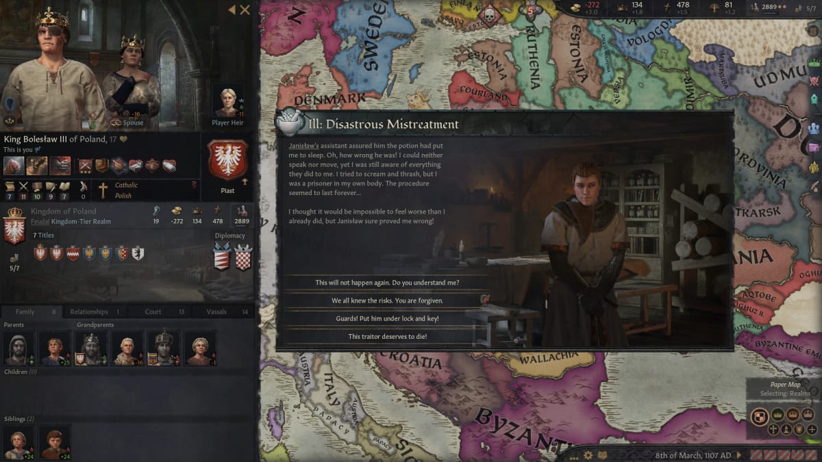 A Crusader Kings 3 update screenshot showing off the disastrous mistreatment of King Boleslaw 3 of Poland.