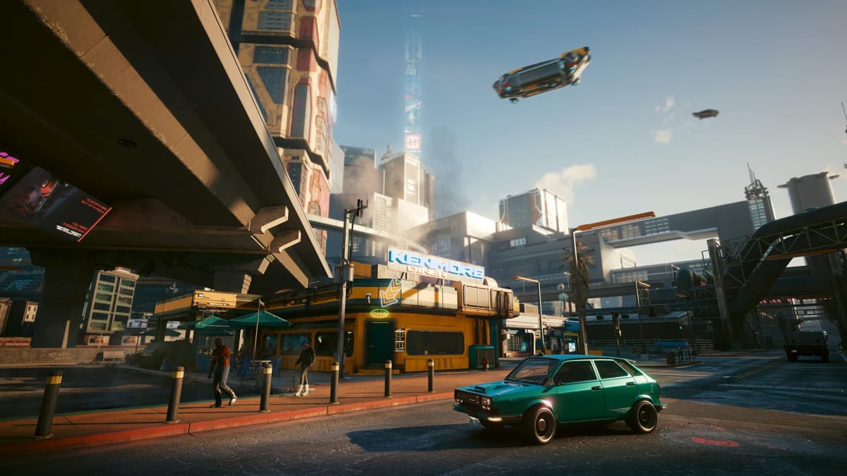 Cyberpunk 2077 image of the city with the flying car in the sky as well as people walking the streets during the day time, Cyberpunk 2077 Sales