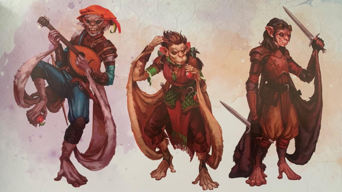 Promotional D&D Hadozee race artwork featuring three hadozee with instruments, potions, and weapons