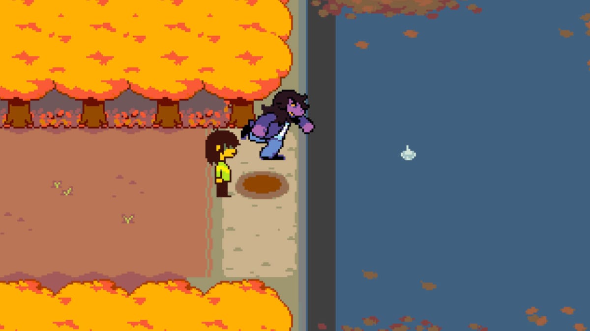 Kris and Susie skipping a rock across the water in Deltarune