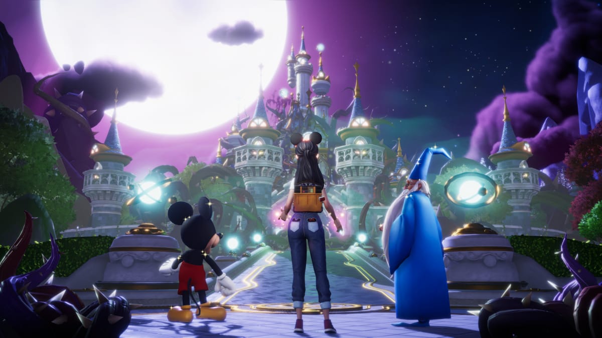 Disney Dreamlight Valley screenshot showing the player, Mickey, and Merlin looking at a castle.