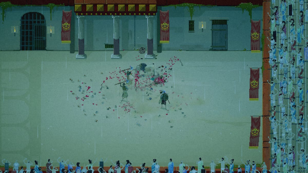 A bloody scene of gladiatorial combat, in which soldiers are killing each other, in Domina