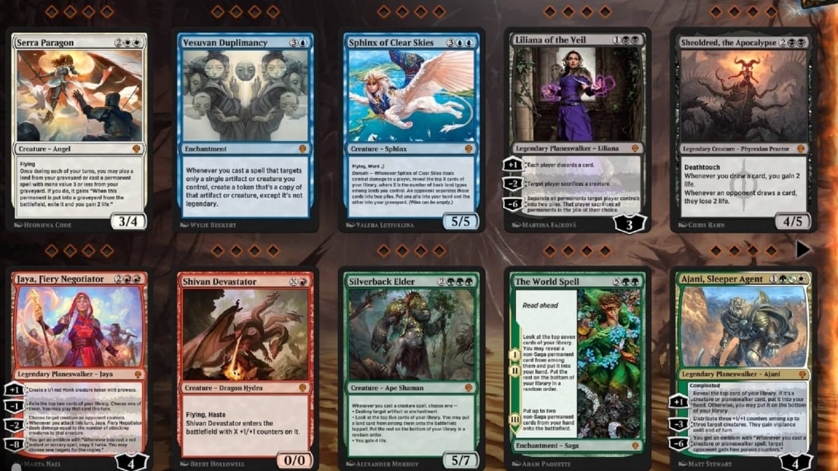 Dominaria United Mythic Rares from preview including Serra Paragon, Vesuvan Diplimancy, Sphinx of Clear Skies, Liliana of the Veil, Shelodred, the Apocalypse, Jaya, Fiery Negotiator, Shivan Devastator, Silverback Elder, The Worldspell and Ajani, Sleeper Agent
