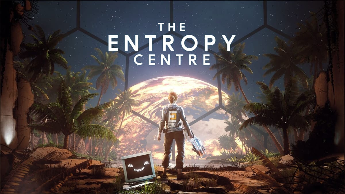 Main character watches a flaming planet in the key art for The Entropy Centre