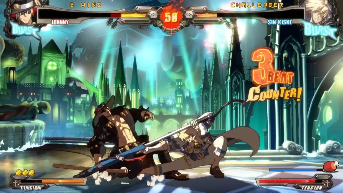 Guilty Gear Xrd Rev 2 rollback screenshot showing two characters beating each other up.