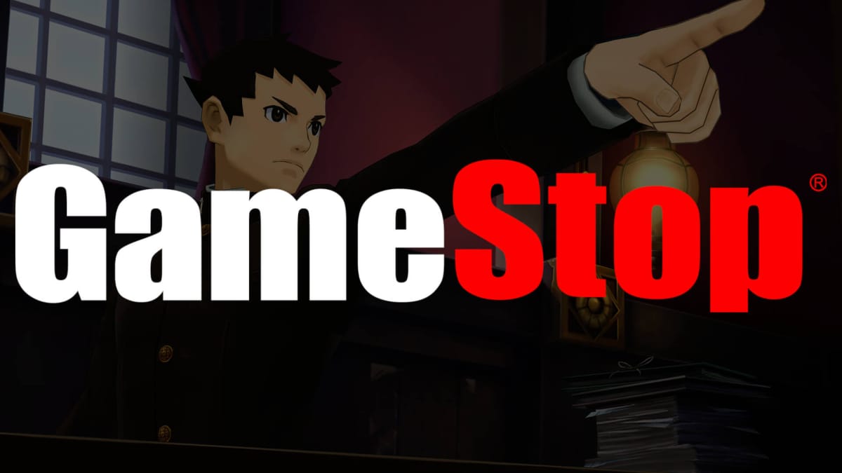 The GameStop logo over a dimmed image of Ryunosuke Naruhodo from The Great Ace Attorney Chronicles, intended to represent a lawsuit