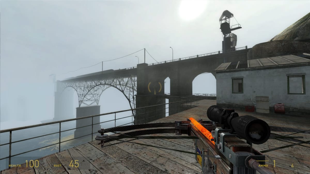 Gordon Freeman standing and looking at a bridge while holding a crossbow in the Half-Life 2 mod that mirrors the game
