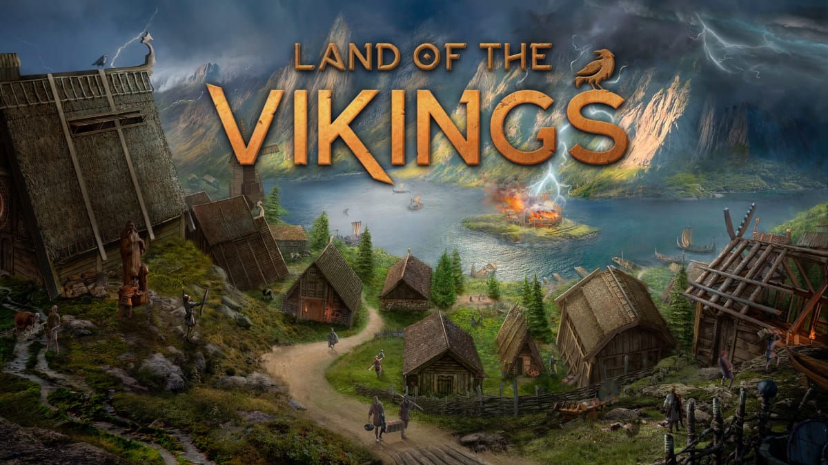 Land of the Vikings logo key art showing off a Viking village and a burning fortress.