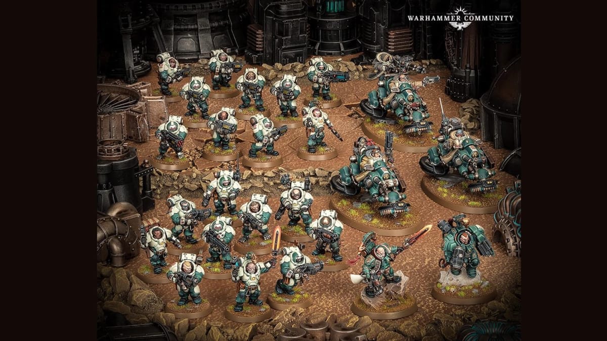 The full contents of the Warhammer 40K Leagues of Votann Army Box Set, showing multiple dwarf miniatures painted in green and white