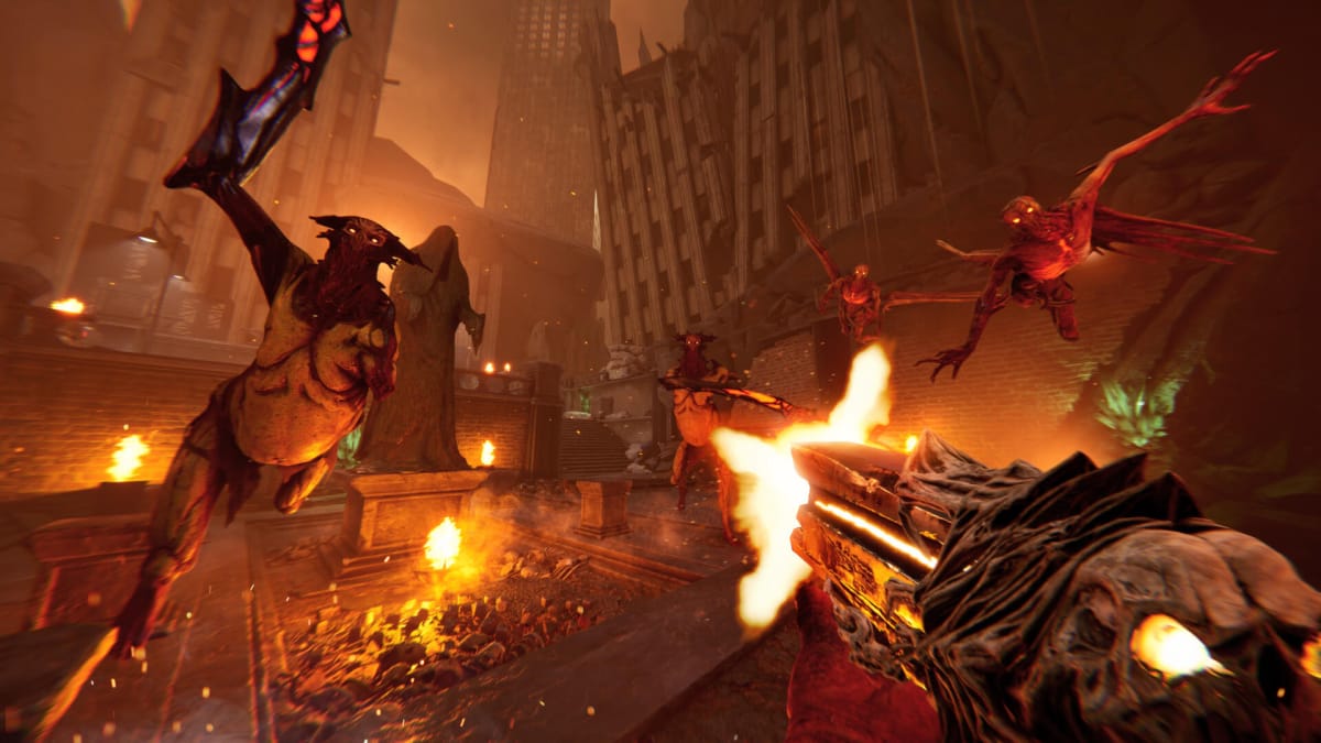 The player blasting at demons leaping towards them amid a ruined city in Metal: Hellsinger, denoting the Metal: Hellsinger Xbox Game Pass day one release