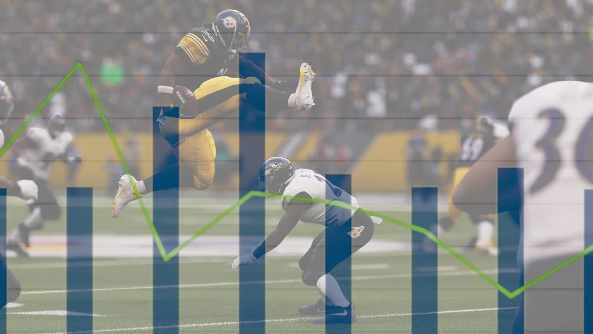 A player jumping over another player in Madden NFL 23, with the NPD August 2022 results graph shown over the top
