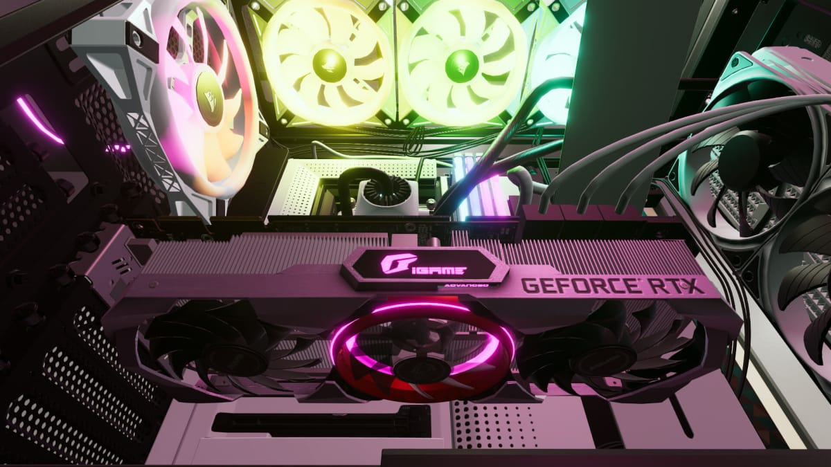 A detailed screenshot of a gaming PC with a Geforce RTX card in PC Building Simulator 2