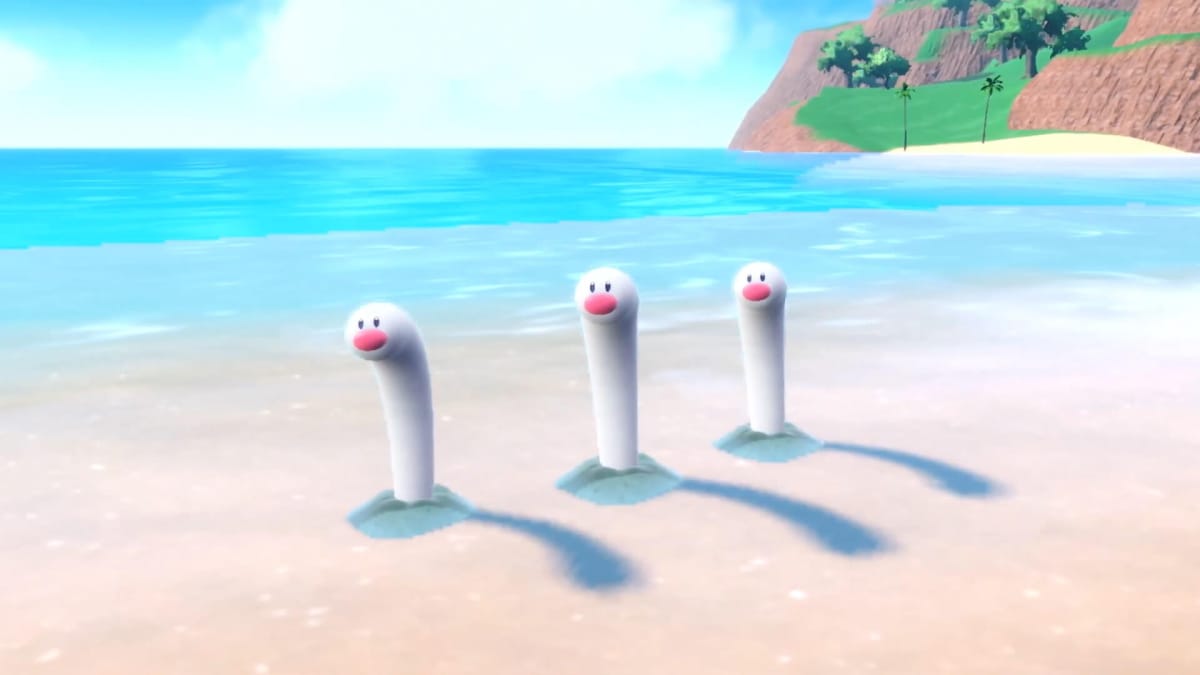Three Wiglett Pokemon lined up on a beach in Pokemon Scarlet and Violet