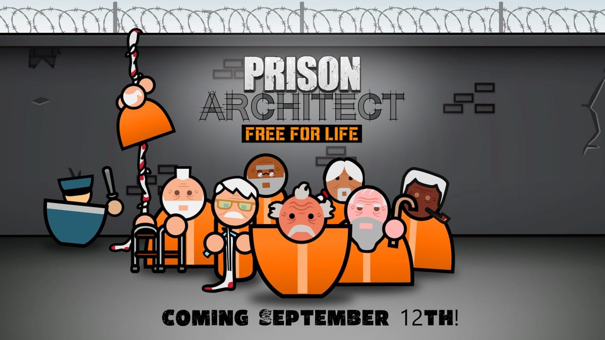 Prison Architect Free For Life update header showing off the logo and a bunch of prisoners.