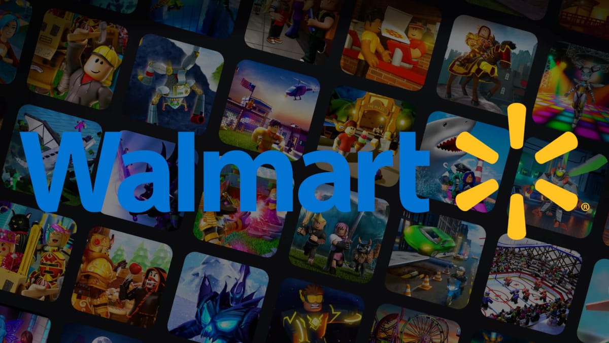 A Roblox Walmart crossover image depicting the Walmart logo over a checkered background of Roblox games