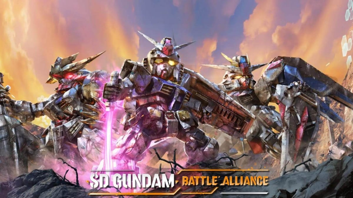 A landscape shot of 3 Mobile Suit Gundams in their Super Deformed visuals, standing on the edge of a cliff with the game name underneath.