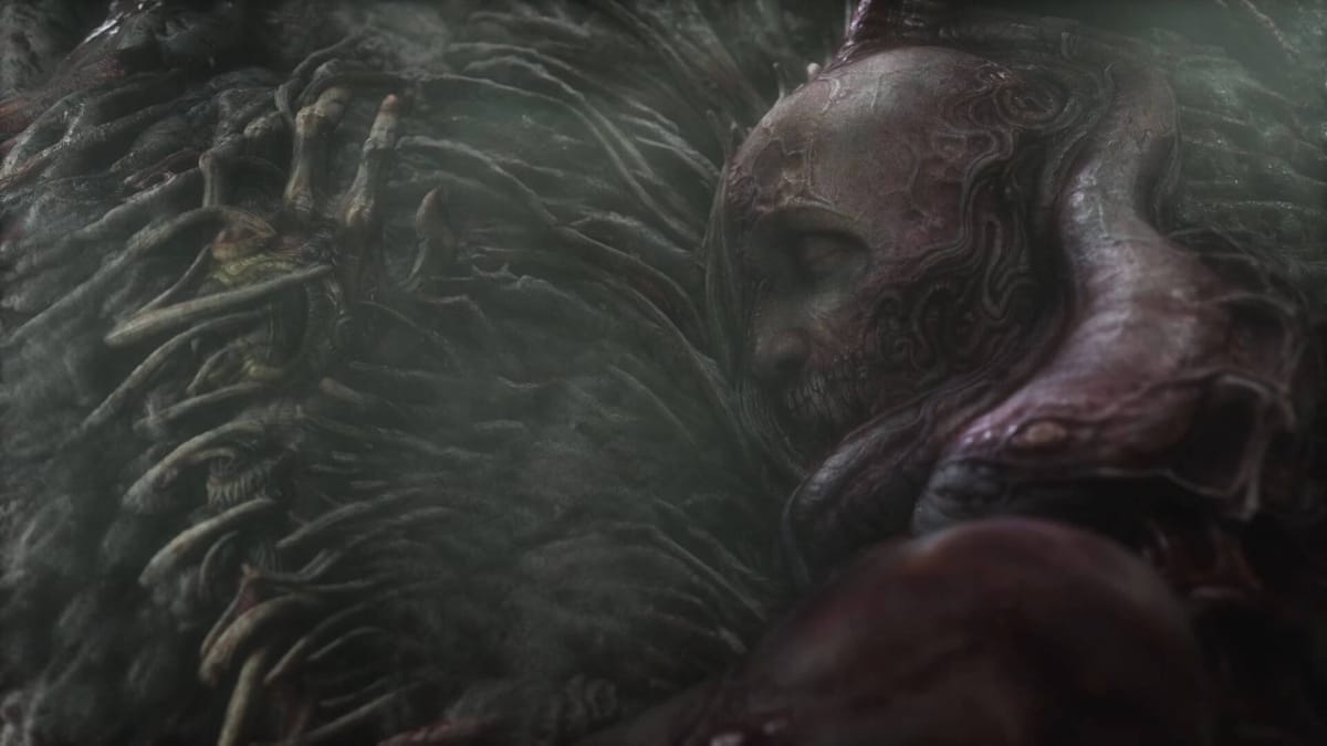 The protagonist from Scorn on the start screen of the game. A gruesome man with scarred flesh and missing lips.
