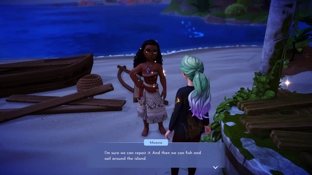 Screenshot of Moana in Disney Dreamlight Valley, standing on Dazzle beach telling you to fix the boat so she can fish, Disney Dreamlight Valley Moana Guide