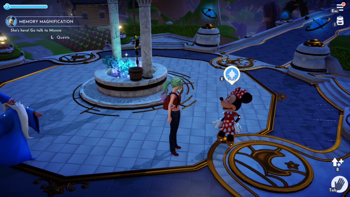 Screenshot of Minnie mouse in Disney Dreamlight Valley standing in the Plaza after being saved from the nightmare realm she has been stuck in, Disney Dreamlight Valley Minnie Guide