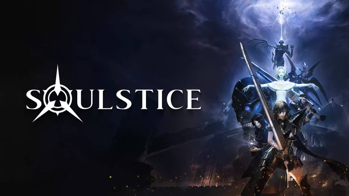 Key art for Soulstice, which shows the game title as well as main characters Briar and Lute against a backdrop of some of the other characters in the game