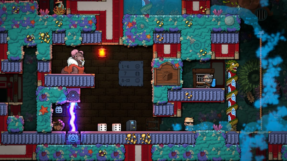 Spelunky 2 update screenshot showing a walrus and two other characters on a funky turquoise background.
