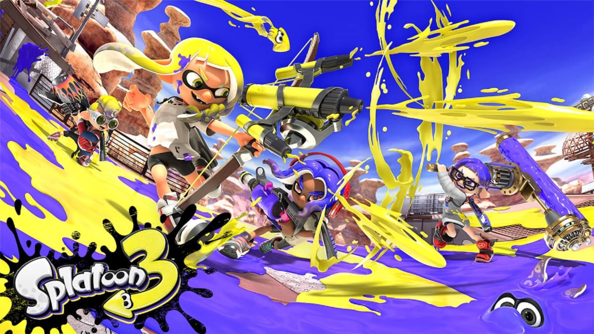 Splatoon 3 logo showing off players spraying each other with yellow and purple paint.