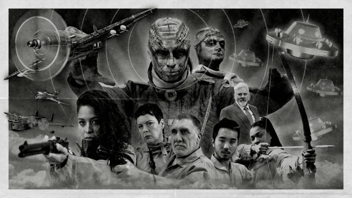 Key art depicting the main characters and sinister aliens of Squad 51 vs. the Flying Saucers