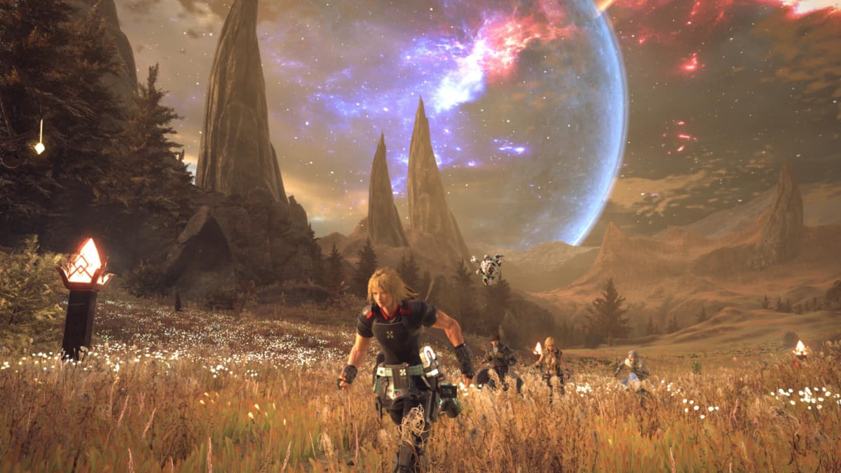 Raymond and party members running through an expansive field in Star Ocean: The Divine Force
