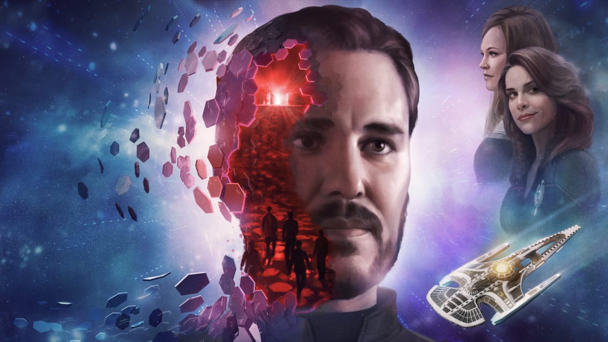 Key art showing Wesley Crusher's face and some of the major characters in the new Star Trek Online update