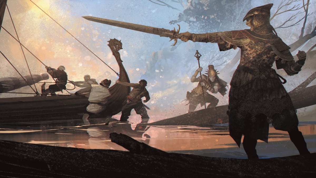 Promotional artwork from The One Ring Ruins of the Lost Realm featuring characters and boats