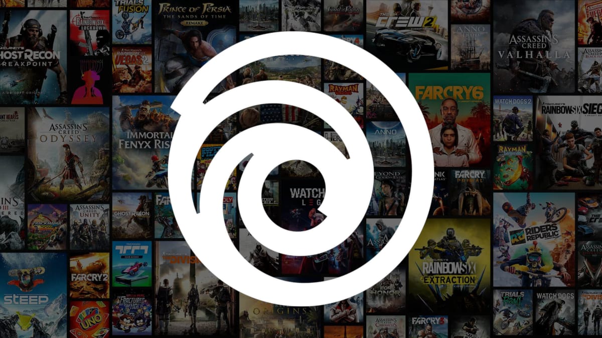 The Ubisoft logo over a backdrop of games created by the developer