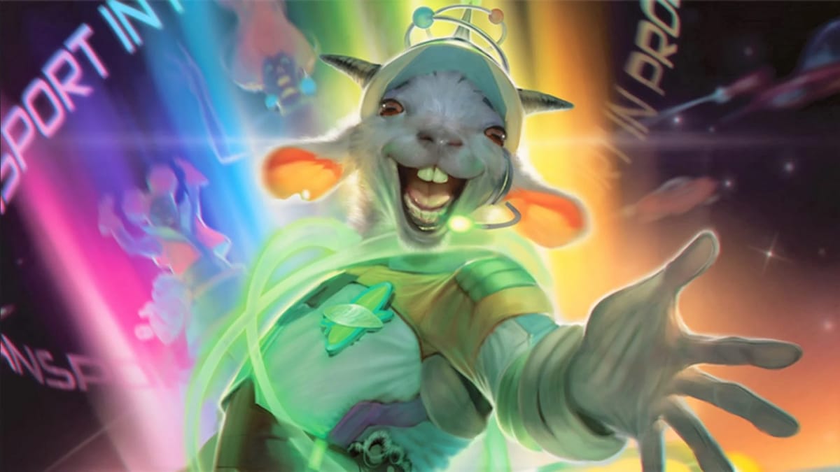 Promotional artwork for the Magic set Unfinity featuring an alien goat