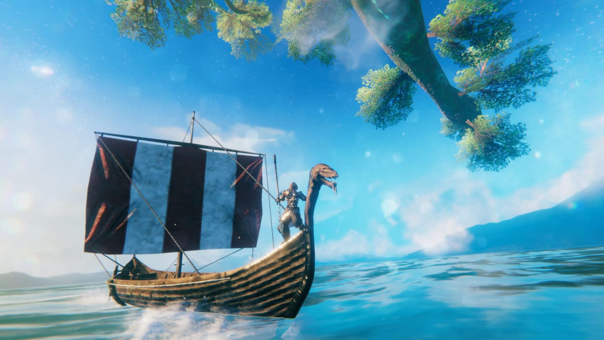 A Viking sailing the seas of the realm of Valheim in, well, Valheim, possibly sailing towards the Valheim Game Pass release date