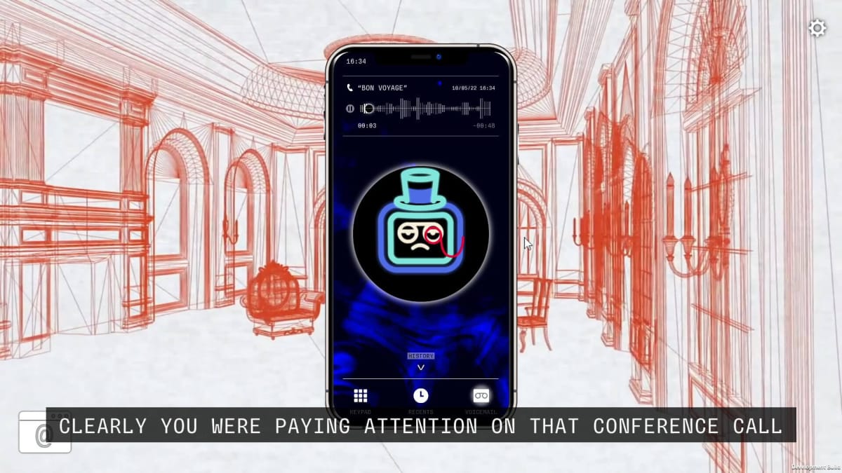 A phone playing an audio clip with the caption "clearly you were paying attention on that conference call" in voice-controlled thriller Unknown Number