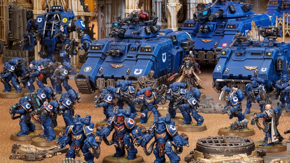 An image of an army of Space Marines and other Human miniatures from Warhammer 40,000