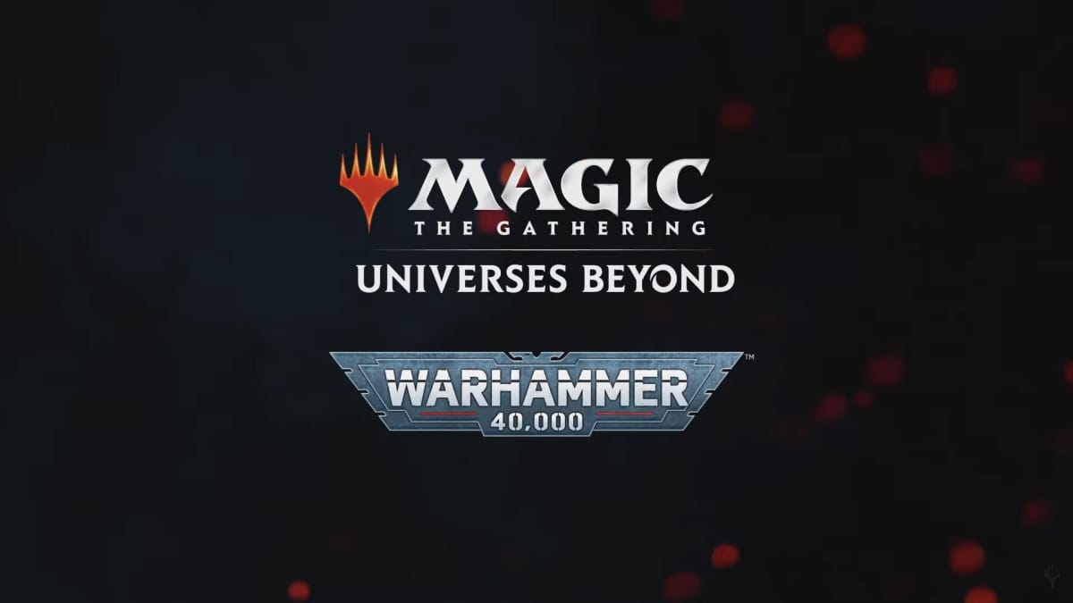 The logos of Magic The Gathering and Warhammer 40k on a black background