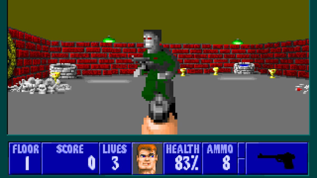 BJ Blazkowicz aiming his gun at an enemy in Wolfenstein 3D