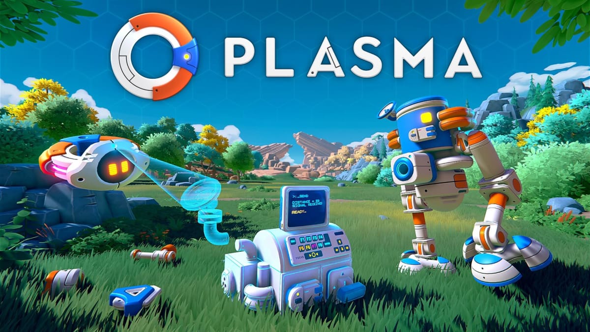 Plasma key art showing off the logo and two robots that'll help the player build things.