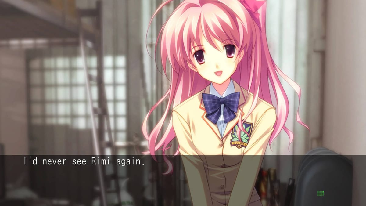 An anime girl character in the Chaos;Head Noah Steam release, with the dialogue "I'd never see Rimi again" beneath her