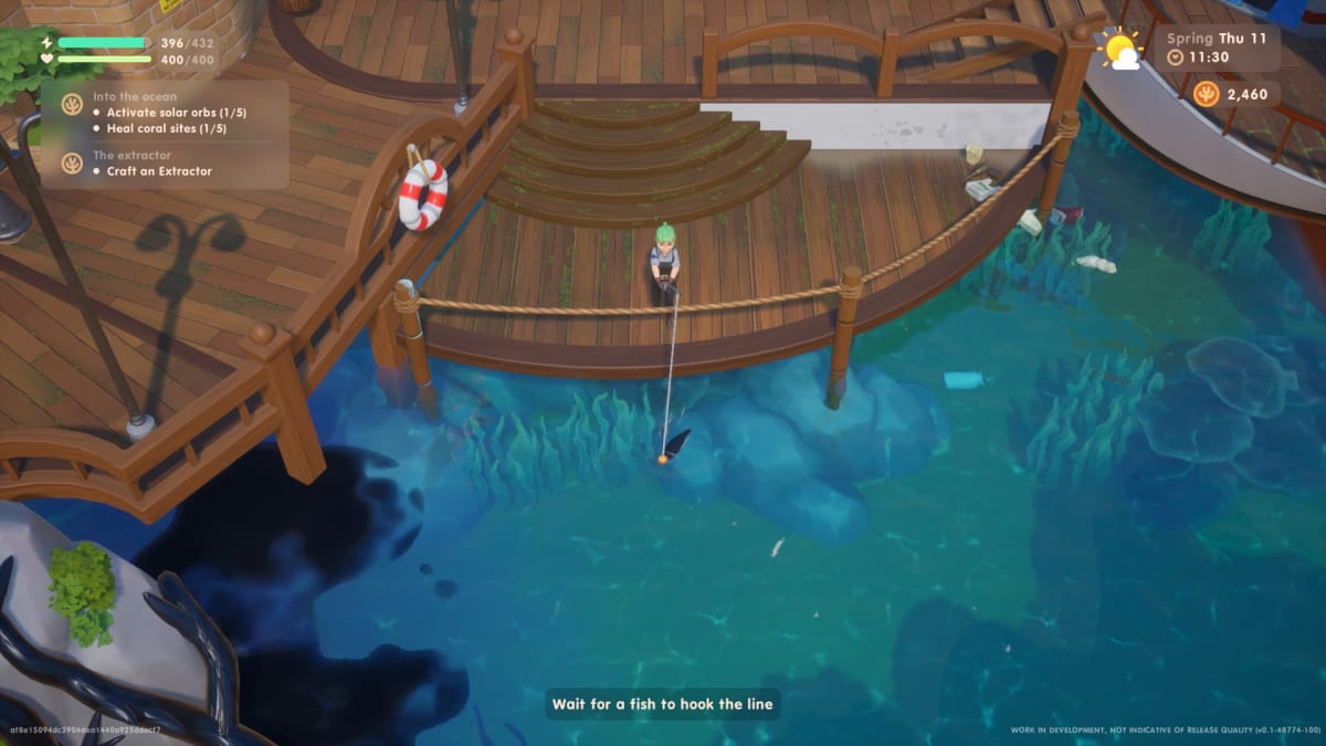 Coral Island Fishing Guide Cover Image, showing the in-game character fishing at the end of a dock surrounded by crystal clear blue water. 